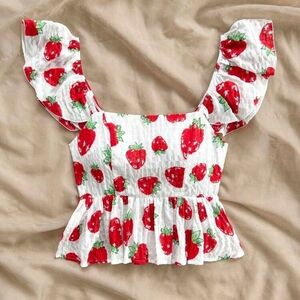 SHEIN Strawberry Patterned Crop Top - White and Red
